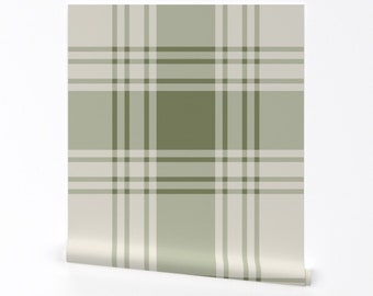 Sage Green Plaid Wallpaper - Simple Plaid van leannefriedberg - Grootschalige Simple Check Verwijderbare Peel en Stick Wallpaper van Spoonflower