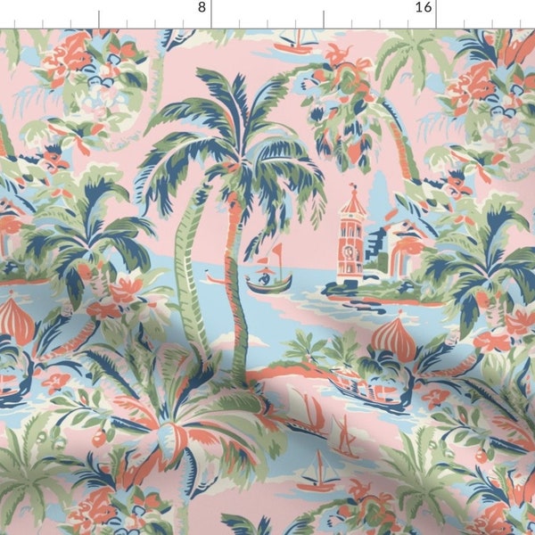 Grandmillennial Apparel Fabric - Tropic Toile Pink  by whitneyenglish -  Whimsical Tropical Toile Palm Tree Clothing Fabric by Spoonflower