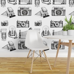 Cameras Wallpaper - Vintage Cameras By Adifferentplaceandtime - Black Custom Printed Removable Self Adhesive Wallpaper Roll by Spoonflower