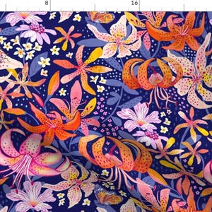 Tiger Lilly Fabric - Dancing Lillies By Janetbroxon - Blue Pink Bright Tropical Floral Summer Cotton Fabric By The Yard With Spoonflower