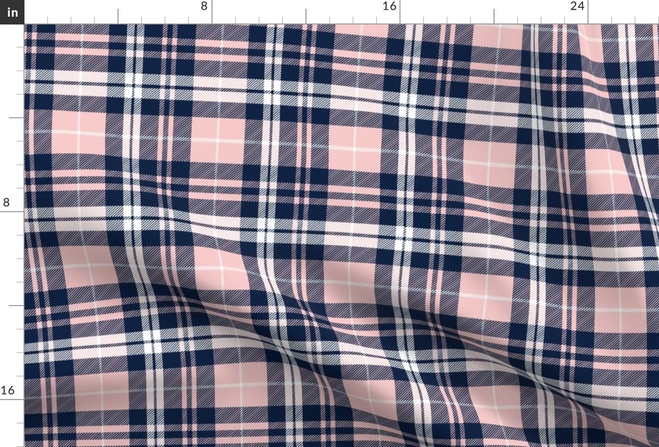Pink And Navy Tartan Fabric - Fall Plaid Navy And Rose By Littlearrowdesign - Traditional Lines Cotton Fabric By The Yard With Spoonflower