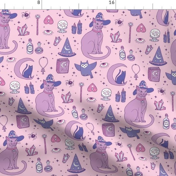 Feline Witch Fabric - Mystical Cats In Pink By Pinkowlet - Magic Kitty Cats Owls Crystals Moons Cotton Fabric By The Yard With Spoonflower