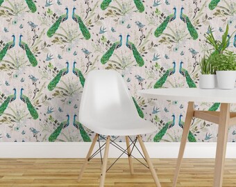 Floral Peacock Peel and Stick Wallpaper - Vintage Boho French - Removable Wall Decor Art - Peacock Chinoiserie Blush by nouveau_bohemian