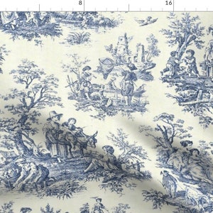 Classic Toile Fabric - Toile De Jouy by cynetik - Victorian Vintage Inspired Romantic Classical Blue Cream Fabric by the Yard by Spoonflower