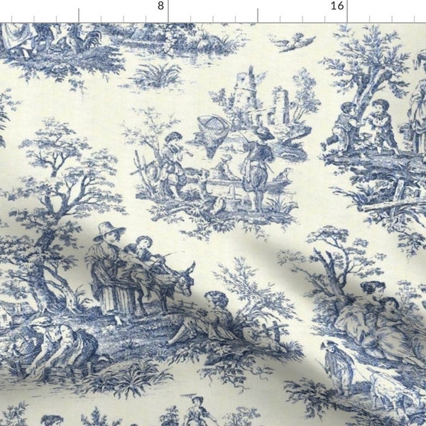 Classic Toile Fabric - Toile De Jouy by cynetik - Victorian Vintage Inspired Romantic Classical Blue Cream Fabric by the Yard by Spoonflower