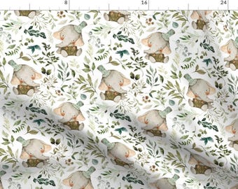 Baby Elephant Fabric - Baby Elephant & Botanical Leaves By Hipkiddesigns - Baby Elephant Nursery Cotton Fabric By The Yard With Spoonflower