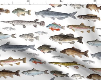 Fish Fabric - Freshwater Fish by twigandmoth -  Cabin Nature Stream Lake Outdoors Fishing Carp Minnow Fabric by the Yard by Spoonflower