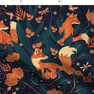 Whimsical Garden Fabric - Night Foxes by delively_dewi - Orange Foxes Midnight Blue Firefly Fantasy  Fabric by the Yard by Spoonflower