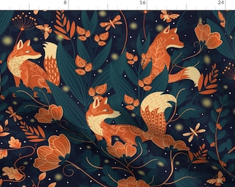 Whimsical Garden Fabric - Night Foxes by delively_dewi - Orange Foxes Midnight Blue Firefly Fantasy  Fabric by the Yard by Spoonflower