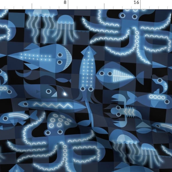 Bioluminescence Fabric - Light On The Seabed By Analinea - Blue Ocean Underwater Animals Octopus Cotton Fabric By The Yard With Spoonflower