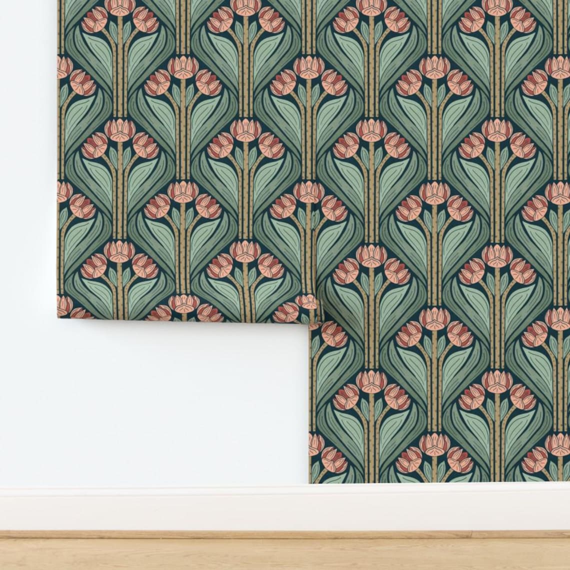 Pink Floral Removable Peel and Stick Wallpaper - Green Botanical Art ...