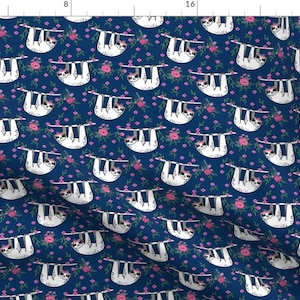 Sleepy Sloth Fabric, Lazy Day Sloth Fabric, Sloth Fabric, Happy Sloth Fabric, Sloth Fabric By The Yard - Florals - Navy By Andrea Lauren