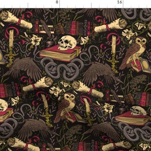 Owls Fabric - Dark Academia  by taranealart - Skulls Snakes Books Halloween Spooky Creepy Dark Academia  Fabric by the Yard by Spoonflower