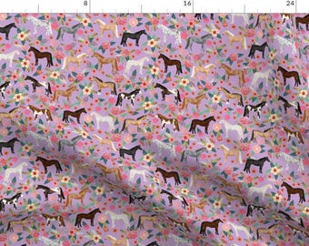 Horse Fabric - Horse Multi Coat Floral Horses Fabric Purple By Petfriendly - Horse Animal Farm Cotton Fabric By The Yard With Spoonflower