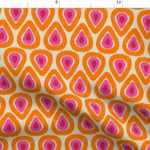 Ikat Fabric - Med Pink And Orange Drops On Neutral Bright Summer Citrus Tribal By Shellypenko - Cotton Fabric By The Yard With Spoonflower