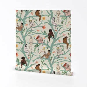 Crème behang - Vrouwen in bomen - Grootschalig door dasbrooklyn - Bloemenbomen Turquoise Verwisselbare Peel en Stick Wallpaper door Spoonflower