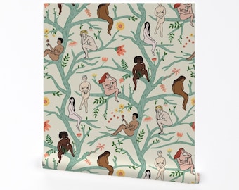 Cream Wallpaper - Women In Trees - Large Scale by dasbrooklyn - Floral Trees Turquoise  Removable Peel and Stick Wallpaper by Spoonflower