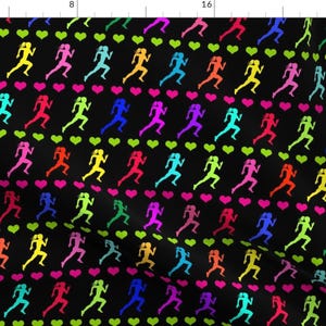 May include: A black background with a repeating pattern of colorful running figures and pink and green hearts.