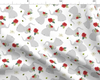 Elephant Floral Cartoon Animal Print Fabric - Red Rose Elephant Toss By Ivieclothco - Elephant Cotton Fabric By The Yard With Spoonflower