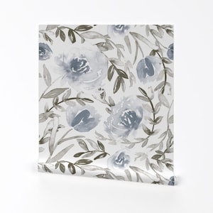 Papel de parede removível azul removível e adesivo - Folhas, flores silvestres, aquarela, florais - Arte de parede, decoração de parede - aquarela azul floral por anya_d