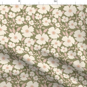 May include: A seamless pattern featuring white flowers with pink centers on a green background. The flowers are arranged in a repeating pattern, with leaves and small white dots scattered throughout.