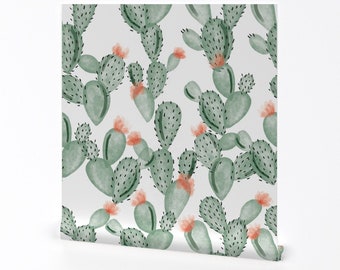 Watercolor Cactus Wallpaper - Green Paddle Cactus Rose By Ivieclothco - Custom Printed Removable Self Adhesive Wallpaper Roll by Spoonflower