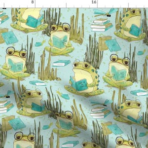 Toads Fabric - Reading Toads (Large Scale) By Jaf Studio - Toads Blue Green Library Nerd Novels Cotton Fabric By The Yard With Spoonflower