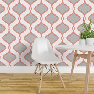 Trellis Wallpaper - Trellis In Coral And Gray By Willowlanetextiles - Custom Printed Removable Self Adhesive Wallpaper Roll by Spoonflower