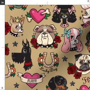 Dogs Fabric - Tattoo Pooch- Tan - Large By Miss Fluff - Dog Heads Tattoos Anchor Hearts Horseshoe Cotton Fabric By The Yard With Spoonflower 画像 3