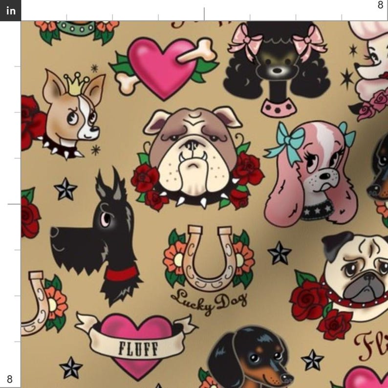 Dogs Fabric - Tattoo Pooch- Tan - Large By Miss Fluff - Dog Heads Tattoos Anchor Hearts Horseshoe Cotton Fabric By The Yard With Spoonflower 画像 3