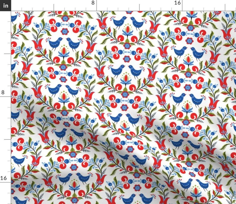 Folk Art Bird Fabric Birds and Flowers by Svetlana Etsy