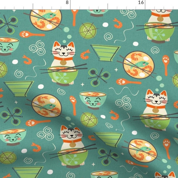Cat Fabric - Tom Cat Special Soup By Studioxtine - Cute Chopsticks Kawaii Kitchen Bowl Cat Faces Cotton Fabric By The Yard With Spoonflower