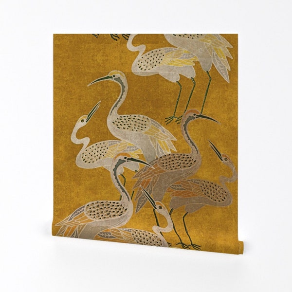 Maximalism Wallpaper - Golden Hour Cranes by shellyturnerdesigns - Art Deco Birds Boho Removable Peel and Stick Wallpaper by Spoonflower