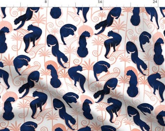 Art Deco Fabric - Deco Panthers Garden By Selmacardoso - Panther Art Deco Navy Rose White Big Cat Cotton Fabric By The Yard With Spoonflower