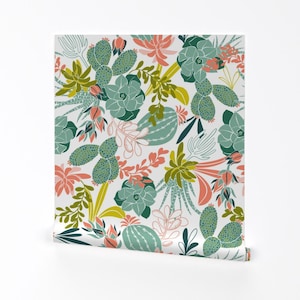 Botanical Wallpaper - Succulent Garden By Heatherdutton - Plants Boho Custom Printed Removable Self Adhesive Wallpaper Roll by Spoonflower