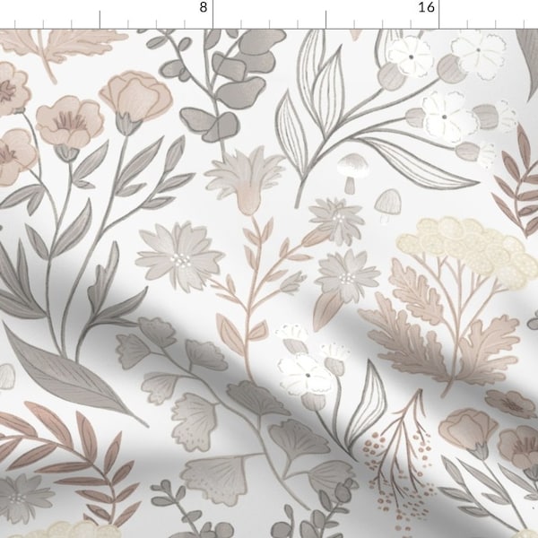 Neutral Botanical Fabric - Pretty Wild By Fineapple Pair - Wildflowers Garden Spring Beige White Cotton Fabric By The Yard With Spoonflower