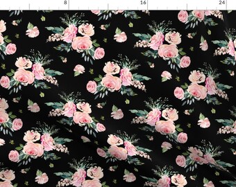 May include: A black background with a repeating pattern of pink and white watercolour flowers. The flowers are arranged in clusters and have green leaves.