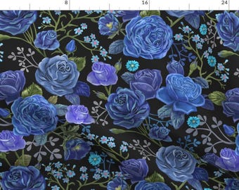 Blues Floral Sketch Roses Moody Sad Flowers Fabric - Moody Blue Floral By Vinpauld - Blues Cotton Fabric By The Yard With Spoonflower