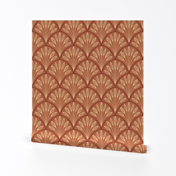 Terracotta Wallpaper - Art Deco Leaf Fan  by new_branch_studio - Retro Orange Vintage Fans Removable Peel and Stick Wallpaper by Spoonflower