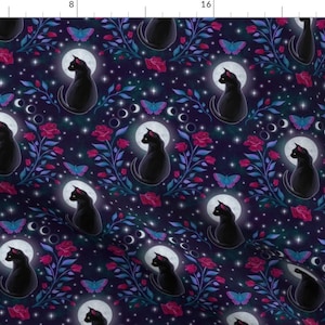 May include: A seamless pattern featuring black cats sitting in front of a full moon, surrounded by pink roses, blue butterflies, and white stars on a dark purple background.