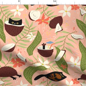 May include: A pink background with a repeating pattern of black cats in coconuts, green leaves, white flowers, and red flowers. The cats are in various poses, some are sitting, some are lying down, and some are drinking from coconuts.