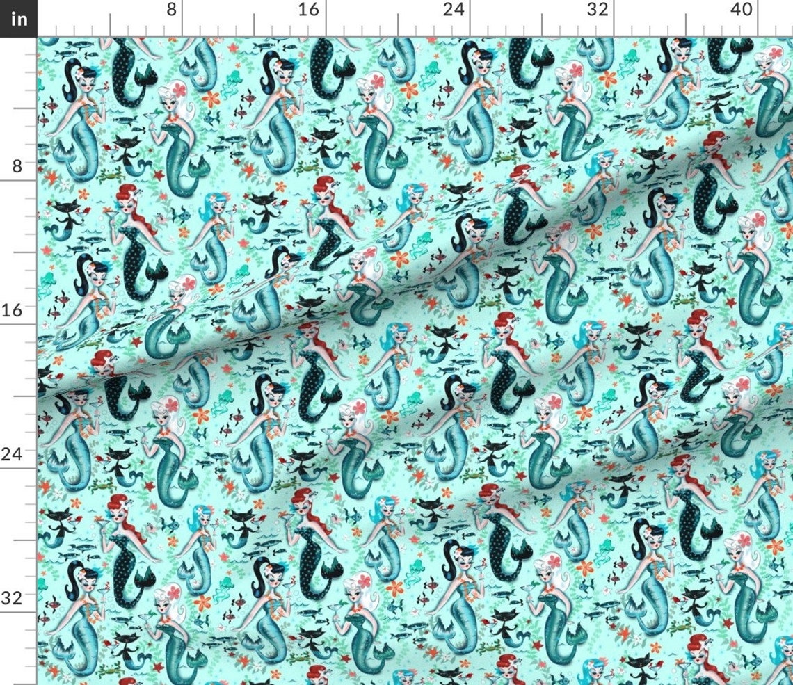 Mermaids Fabric Martini Mermaids by Miss Fluff Mermaids Etsy