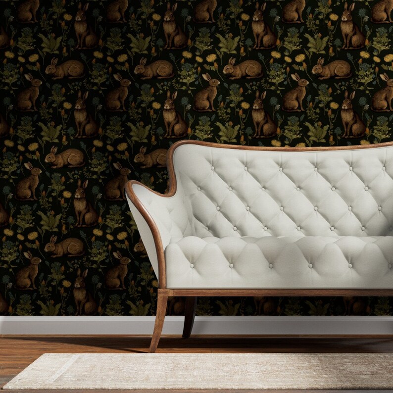 Medieval Rabbit Gold or Silver Metallic Wallpaper - Woodland Bunny Fern ...