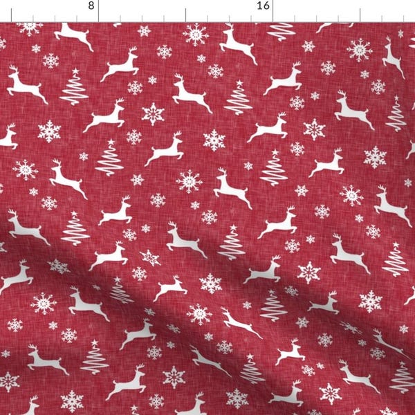 Woodland Christmas Fabric - Reindeer On Holiday Red Linen By Littlearrowdesign - Snowflake Xmas Cotton Fabric By The Yard With Spoonflower