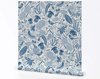 Blue Wallpaper - Blue Tropical Floral by katie_hayes -  Nature Birds Plant Cardinal Quail Removable Peel and Stick Wallpaper by Spoonflower