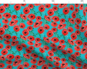 Puede incluir: Un patrón sin costuras con flores de amapola rojas sobre un fondo turquesa. Las flores están pintadas en un estilo acuarela y tienen un aspecto ligeramente abstracto. El patrón es perfecto para telas, papel tapiz u otros proyectos decorativos.