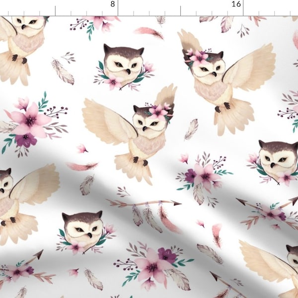 Owl Floral Fabric - Bohoo - Bohoo - Boho Owl And Floral - White By Ewa Brzozowska - Owl Print Cotton Fabric By The Yard With Spoonflower