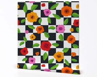 Helle Schachbrett-Tapete – Groovy Check von schnukilie – Blumenkaro-Vintage-Tapete zum Abziehen und Aufkleben von Spoonflower