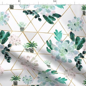 May include: A seamless pattern featuring watercolor succulents in shades of green and pink, arranged in a geometric grid with gold lines. The background is white.