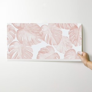Monstera Wallpaper - Jumbo Scale Watercolor Monstera Leaf By Littlearrowdesign - Pink Removable Self Adhesive Wallpaper Roll by Spoonflower image 9